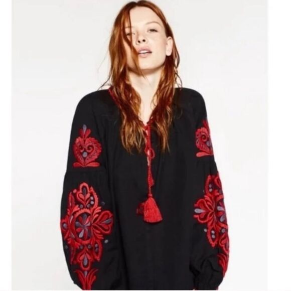 ZARA Embroidered Black and Red Women's Top size Large - Picture 2 of 14
